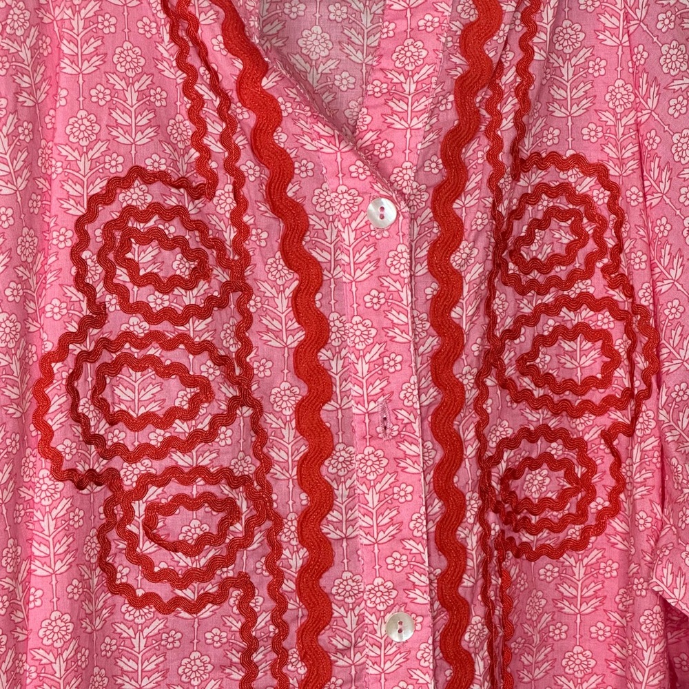 Sister Mary Rosalinda Pink Floral Block Print Ric Rac Puff Sleeve Top XL Cotton